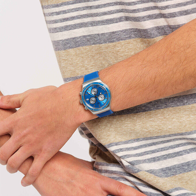 Man wearing a Swatch Chrono watch
