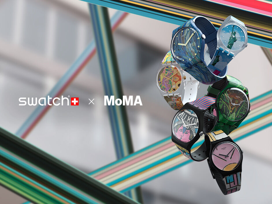 All MoMA watches on a colourful background 